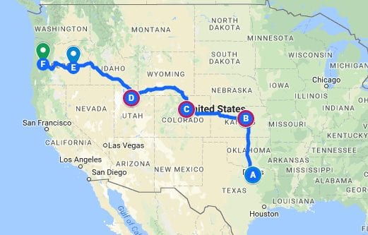 oregon to texas road trip map